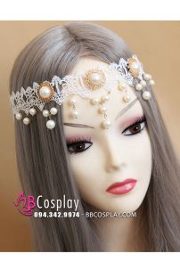 Phụ Kiện Đeo Trán Ren Trắng Có Hạt Ngọc