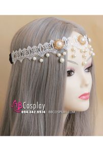 Phụ Kiện Đeo Trán Ren Trắng Có Hạt Ngọc