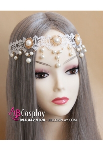Phụ Kiện Đeo Trán Ren Trắng Có Hạt Ngọc
