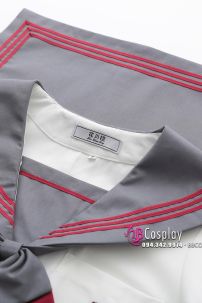 Seifuku Nữ Sinh Áo Trắng Cổ Xám Viền Đỏ Có Túi Váy Xám