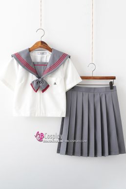 Seifuku Nữ Sinh Áo Trắng Cổ Xám Viền Đỏ Có Túi Váy Xám