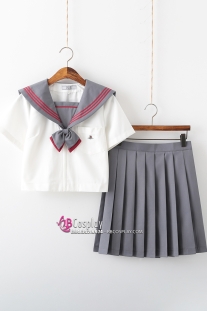 Seifuku Nữ Sinh Áo Trắng Cổ Xám Viền Đỏ Có Túi Váy Xám