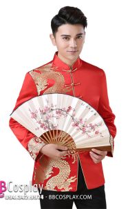 Áo Khỏa Nam Sườn Xám Nam Đỏ Phối Gấm Rồng