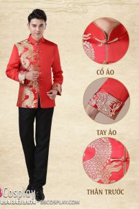 Áo Khỏa Nam Sườn Xám Nam Đỏ Phối Gấm Rồng