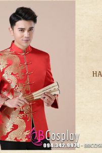Áo Khỏa Nam Sườn Xám Nam Đỏ Phối Gấm Rồng