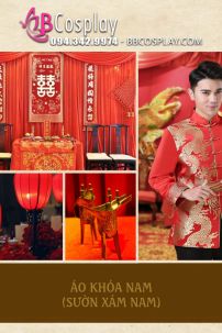 Áo Khỏa Nam Sườn Xám Nam Đỏ Phối Gấm Rồng