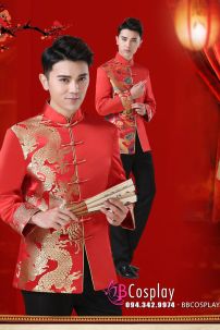 Áo Khỏa Nam Sườn Xám Nam Đỏ Phối Gấm Rồng