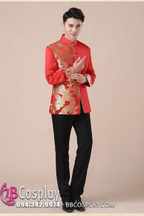 Áo Khỏa Nam Sườn Xám Nam Đỏ Phối Gấm Rồng