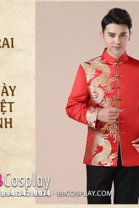 Áo Khỏa Nam Sườn Xám Nam Đỏ Phối Gấm Rồng
