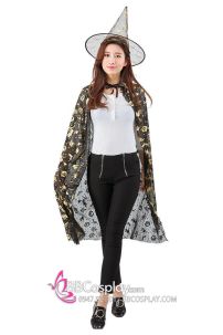 Bộ Áo Choàng Trick Or Treat Halloween Có Kèm Nón Đen In Nhủ Vàng Nổi Bật