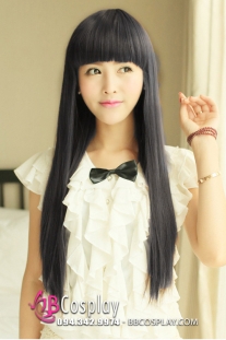 Tóc Giả Hàn Quốc Đen Dài Suôn Mượt Mái Ngố 75Cm