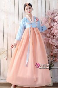 Hanbok Hàn Quốc Áo Xanh Váy Cam Đào