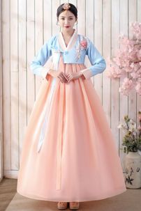 Hanbok Hàn Quốc Áo Xanh Váy Cam Đào