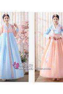 Hanbok Hàn Quốc Áo Xanh Váy Cam Đào