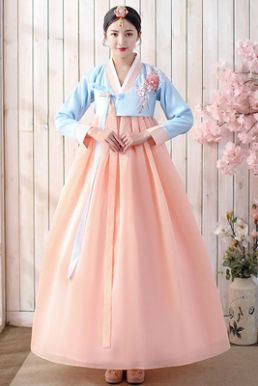 Hanbok Hàn Quốc Áo Xanh Váy Cam Đào