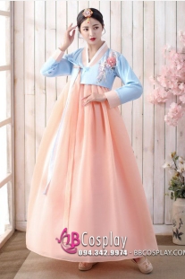 Hanbok Hàn Quốc Áo Xanh Váy Cam Đào