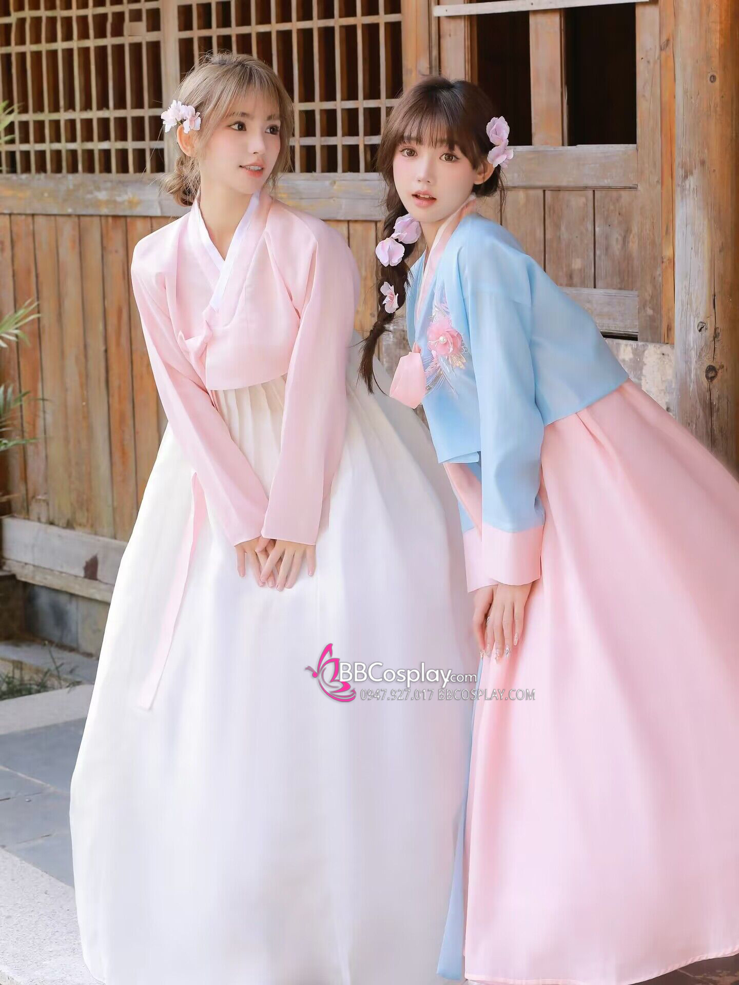 Hanbok Hàn Quốc Áo Xanh Váy Cam Đào