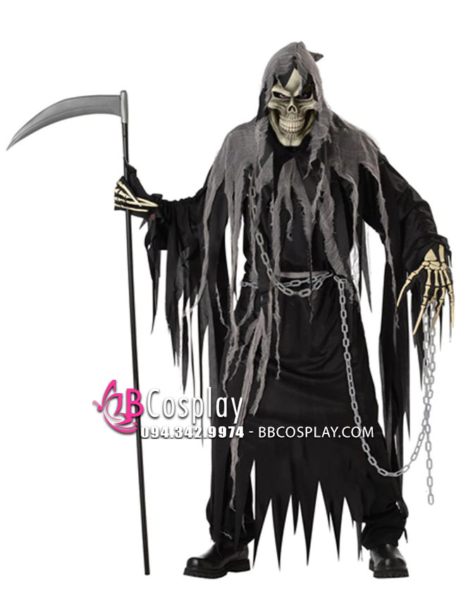Đồ Thần Chết Grim Reaper Đen Chùm Đầu Xám In Sọ 2020