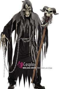 Trang Phục Thần Chết Grim Reaper Đen Chùm Đầu Xám In Sọ 2020