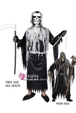 Đồ Thần Chết Grim Reaper Đen Chùm Đầu Xám In Sọ 2020