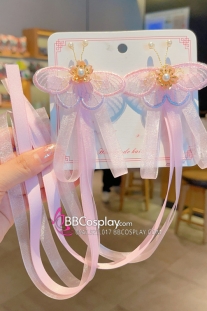 Cặp Kẹp Tóc Hoa Ong Hồng Kèm Tua Rua Dài