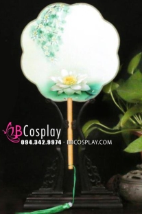 Quạt Mỹ Nhân Hoa - Sen Trắng Nền Xanh