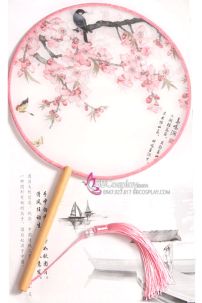 Quạt Tròn Cổ Trang Quạt Mỹ Nhân Hoa Anh Đào Đỏ Chim Chào Mào