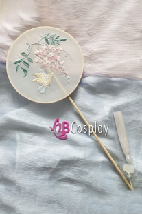 Quạt Mỹ Nhân Trắng Cán Dài - Sẻ Và Hoa Thêu