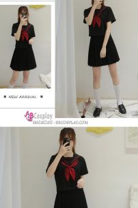 Seifuku Nữ Sinh Áo Đen Phối Viền Cổ Đỏ Tay Ngắn Váy Đen