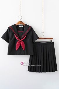 Seifuku Nữ Sinh Áo Đen Phối Viền Cổ Đỏ Tay Ngắn Váy Đen