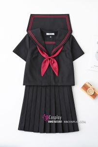 Seifuku Nữ Sinh Áo Đen Phối Viền Cổ Đỏ Tay Ngắn Váy Đen