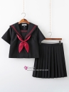 Seifuku Nữ Sinh Áo Đen Phối Viền Cổ Đỏ Tay Ngắn Váy Đen