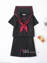 Seifuku Nữ Sinh Áo Đen Phối Viền Cổ Đỏ Tay Ngắn Váy Đen