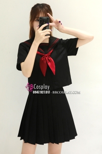 Seifuku Nữ Sinh Áo Đen Phối Viền Cổ Đỏ Tay Ngắn Váy Đen
