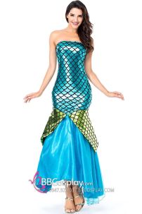 Trang Phục Nàng Tiên Cá Đại Dương Áo Cam Đuôi Xanh Dương