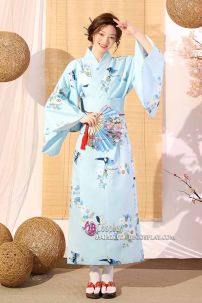 Yukata Xanh In Hình Chim Và Hoa