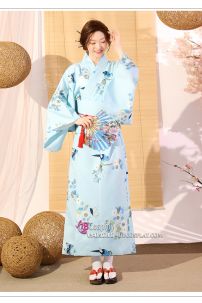Yukata Xanh In Hình Chim Và Hoa