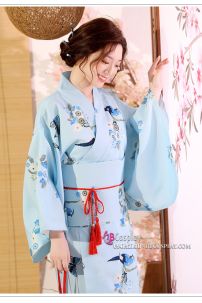 Yukata Xanh In Hình Chim Và Hoa