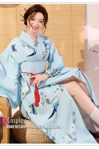 Yukata Xanh In Hình Chim Và Hoa