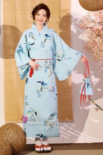Yukata Xanh In Hình Chim Và Hoa