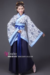 Cổ Trang Nhà Tần Áo Hoa Văn Xanh Váy Xanh Đậm