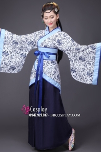 Cổ Trang Nhà Tần Áo Hoa Văn Xanh Váy Xanh Đậm