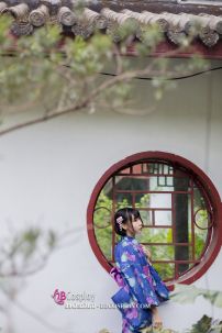 Yukata Tím Xanh - Obi Bướm Hồng