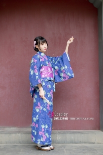 Yukata Tím Xanh - Obi Bướm Hồng