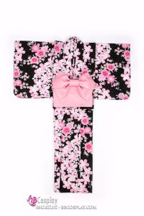 Yukata Đen Hoạ Tiết Hoa Màu Hồng