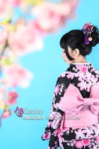 Yukata Đen Hoạ Tiết Hoa Màu Hồng