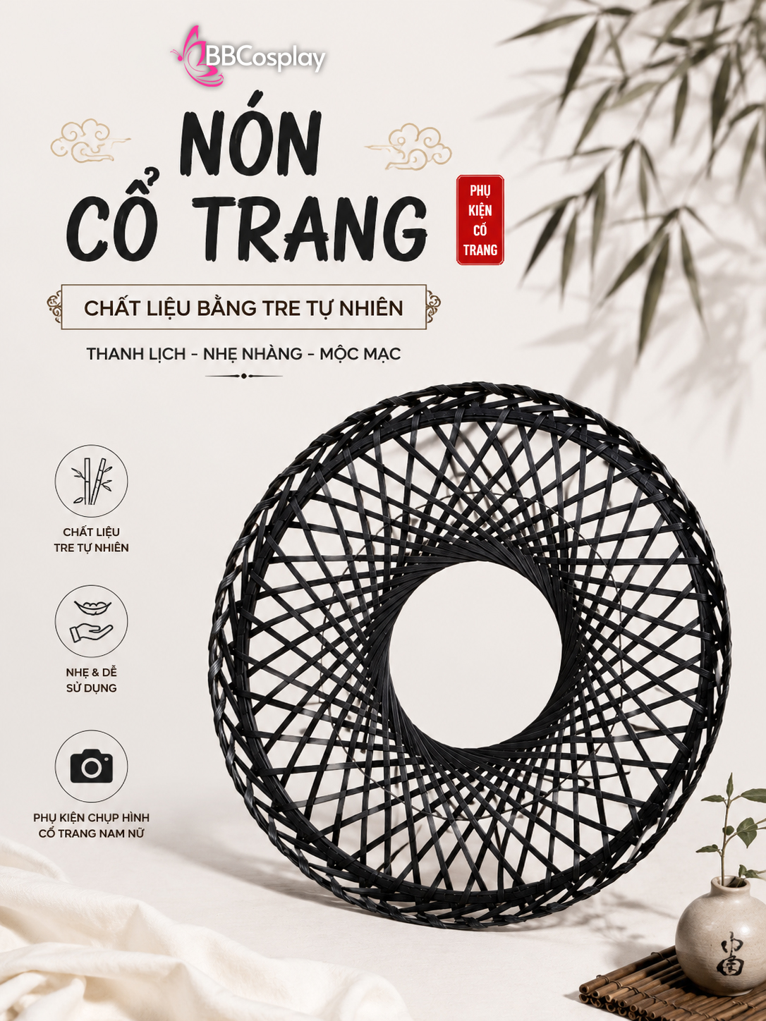 Nón Tre Kiếm Khách Cổ Trang - Màu Tự Nhiên