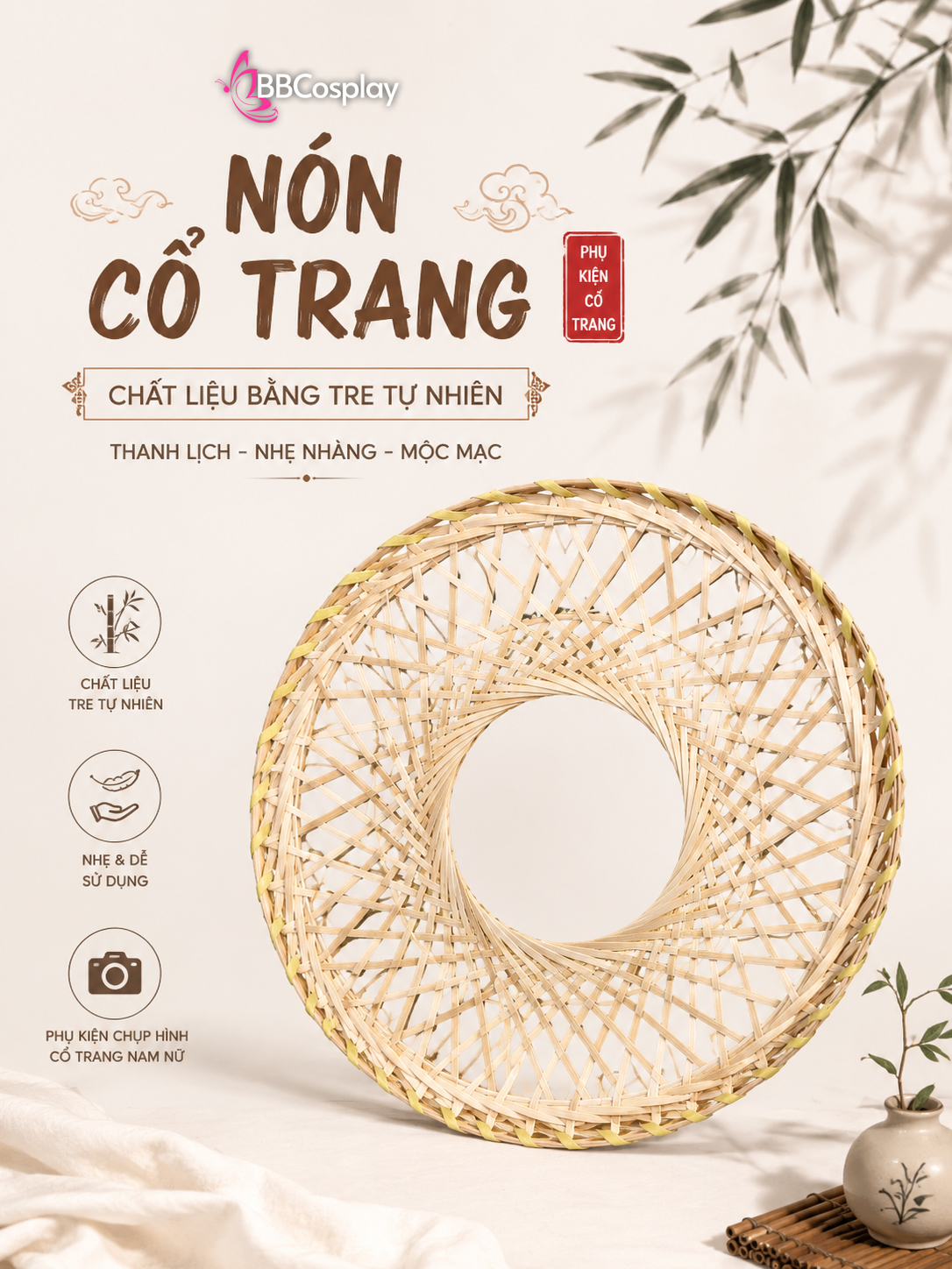 Nón Tre Kiếm Khách Cổ Trang - Màu Tự Nhiên