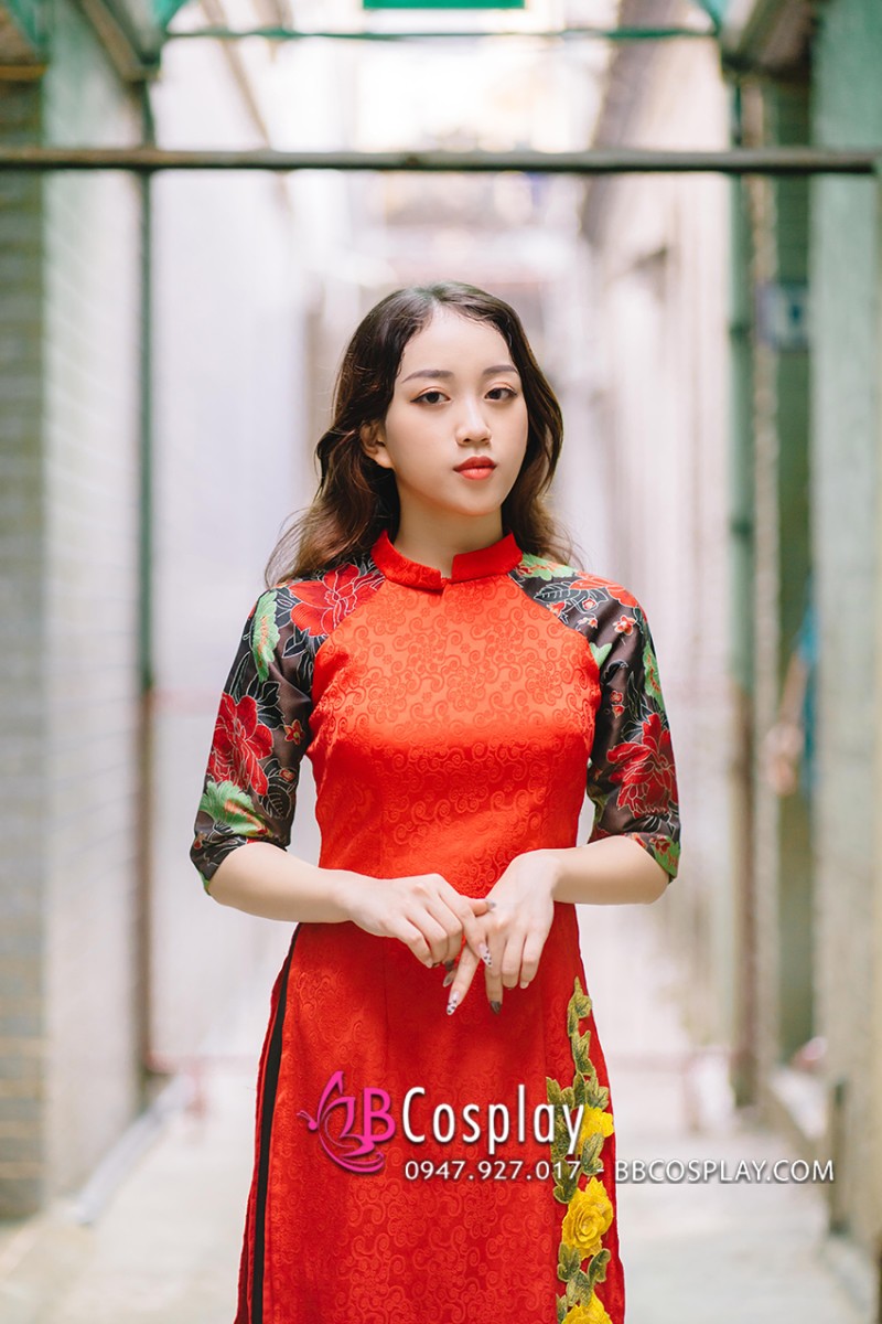 Áo Dài Gấm Đỏ Có Hoa Áo Dài Cách Tân