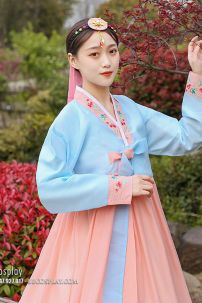 Đồ Hanbok Hàn Áo Xanh Váy Carot Viền Carot Thêu Hoa